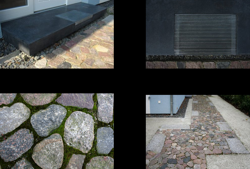 Zuweg aus gespaltenem Findlingspflaster und Eingangspodest aus schwarz eingefärbtem Beton als Sonderanfertigung