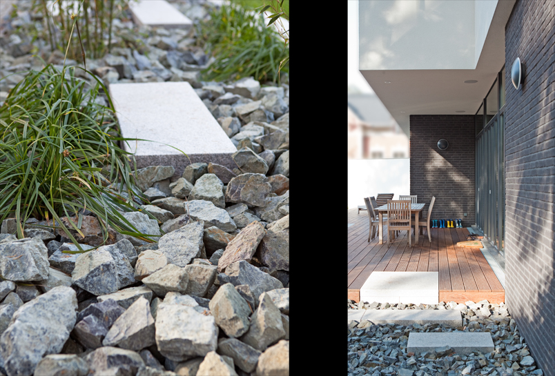 moderne Gartenplanung, reduziert, großzügig, Holz, Terrasse, Schotter, Gestaltungselement